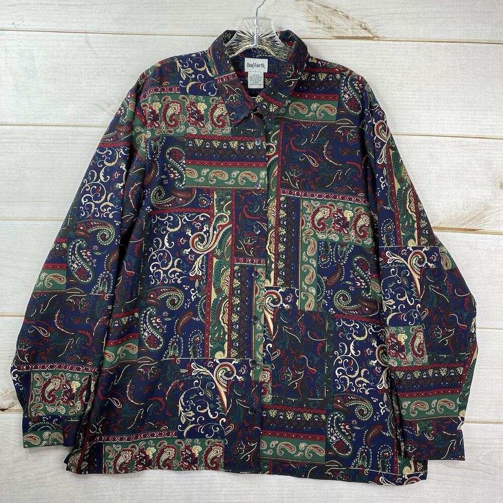 Vintage BonWorth Top Womens XL Multicolor Paisley Print Button Up Long Sleeve